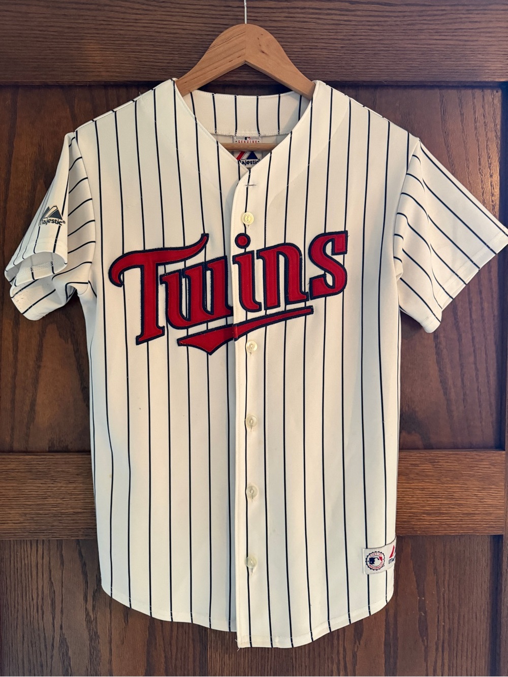 Majestic Minnesota Twins White Pinstripe Jersey with Red Script